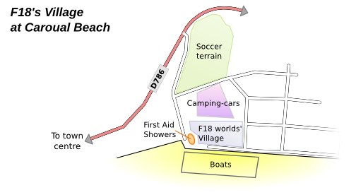 Map of F18's village at Caroual beach, Erquy. Text description follows.